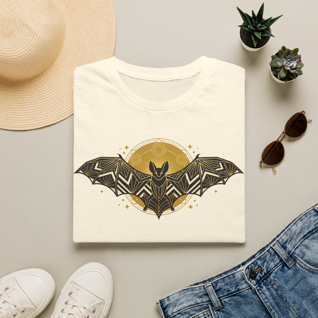 Natural off-white T-shirt with gold geometric bat and moon graphic