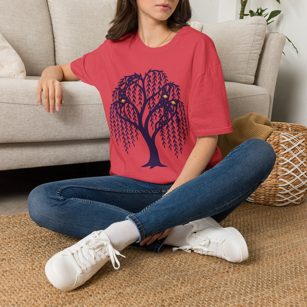 Red unisex T-shirt with dark blue tree graphic at chest
