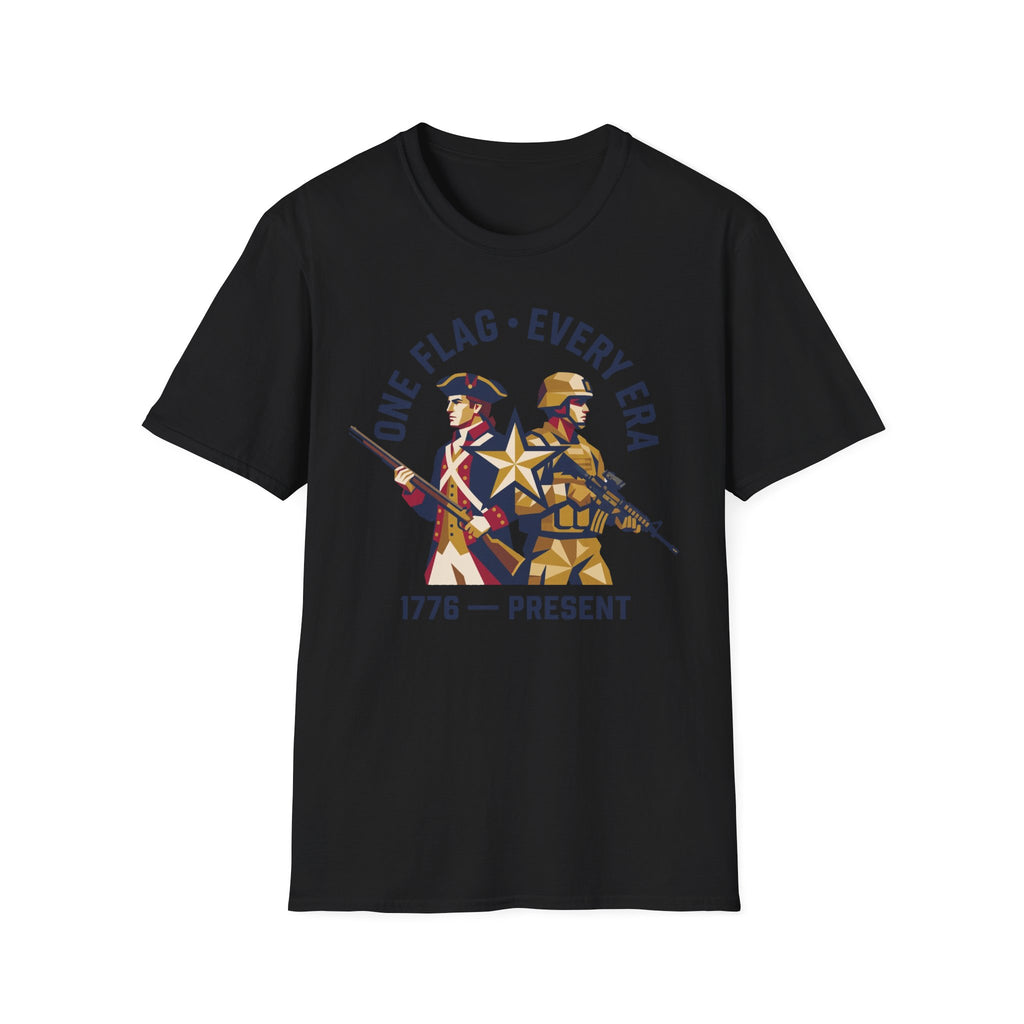 Black military graphic t-shirt with soldier and '1776–present' emblem