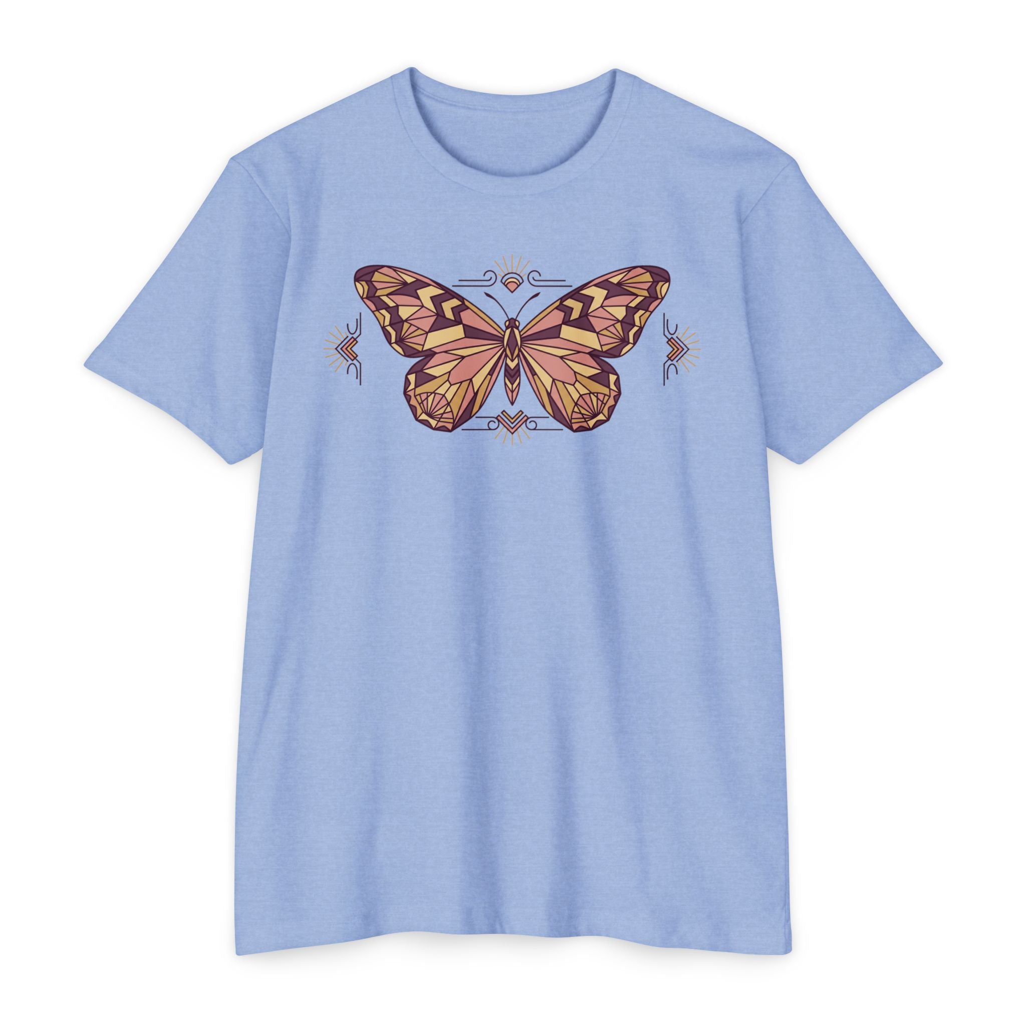Light blue butterfly graphic T-shirt with vintage floral wings illustration, crew neck
