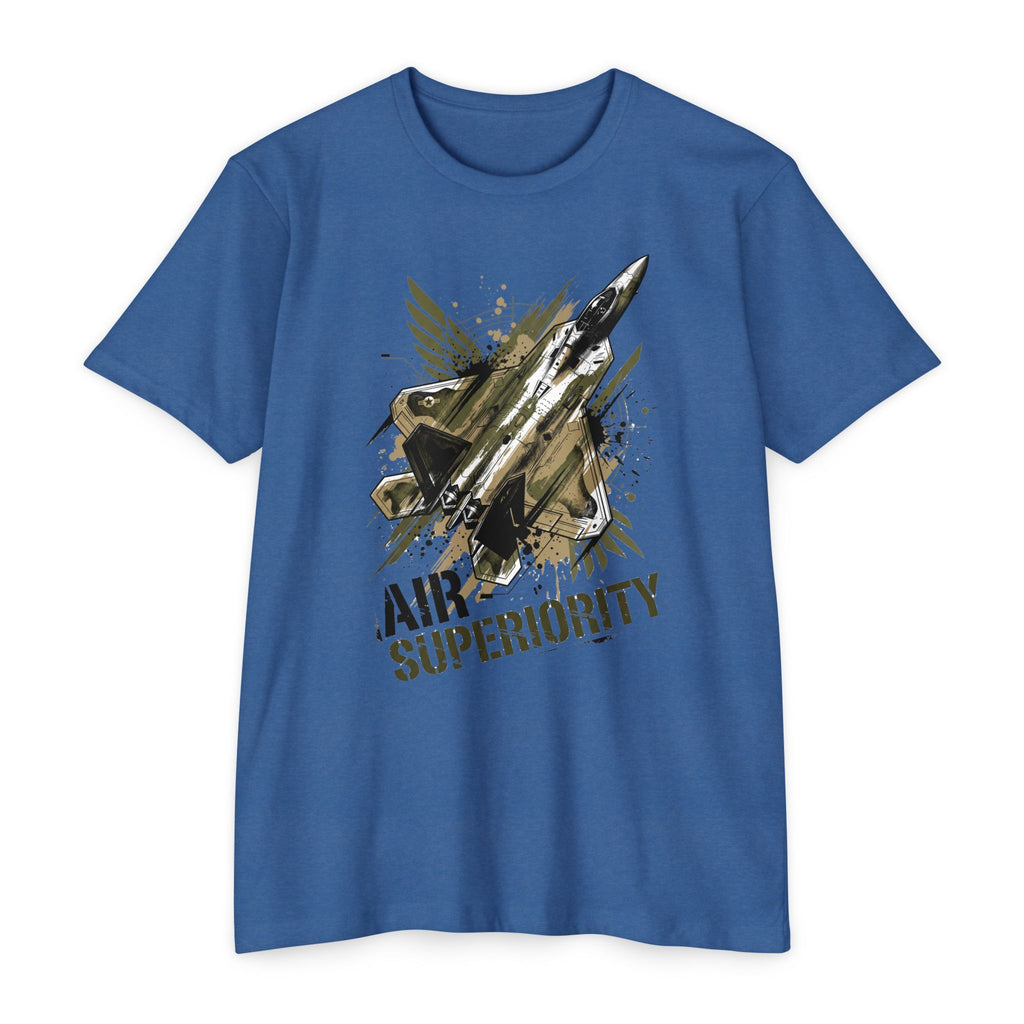 Blue crewneck T-shirt with jet 'AIR SUPERIORITY' graphic.