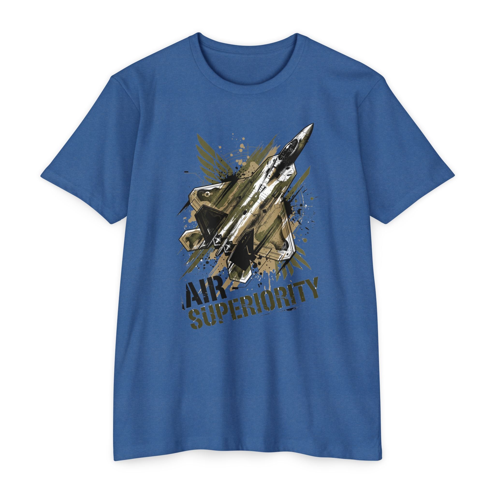Blue crewneck T-shirt with jet 'AIR SUPERIORITY' graphic.