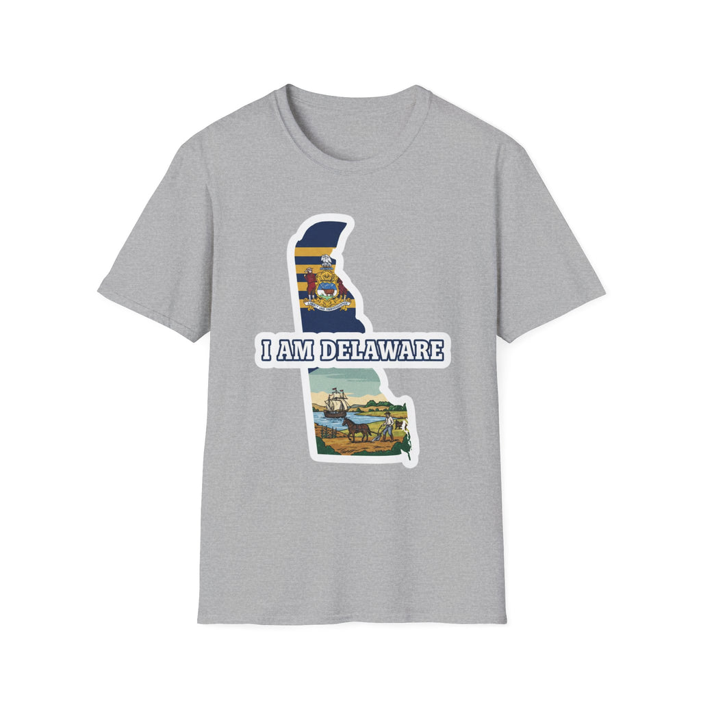 Sport grey T-shirt featuring Delaware state outline and 'I AM DELAWARE' print