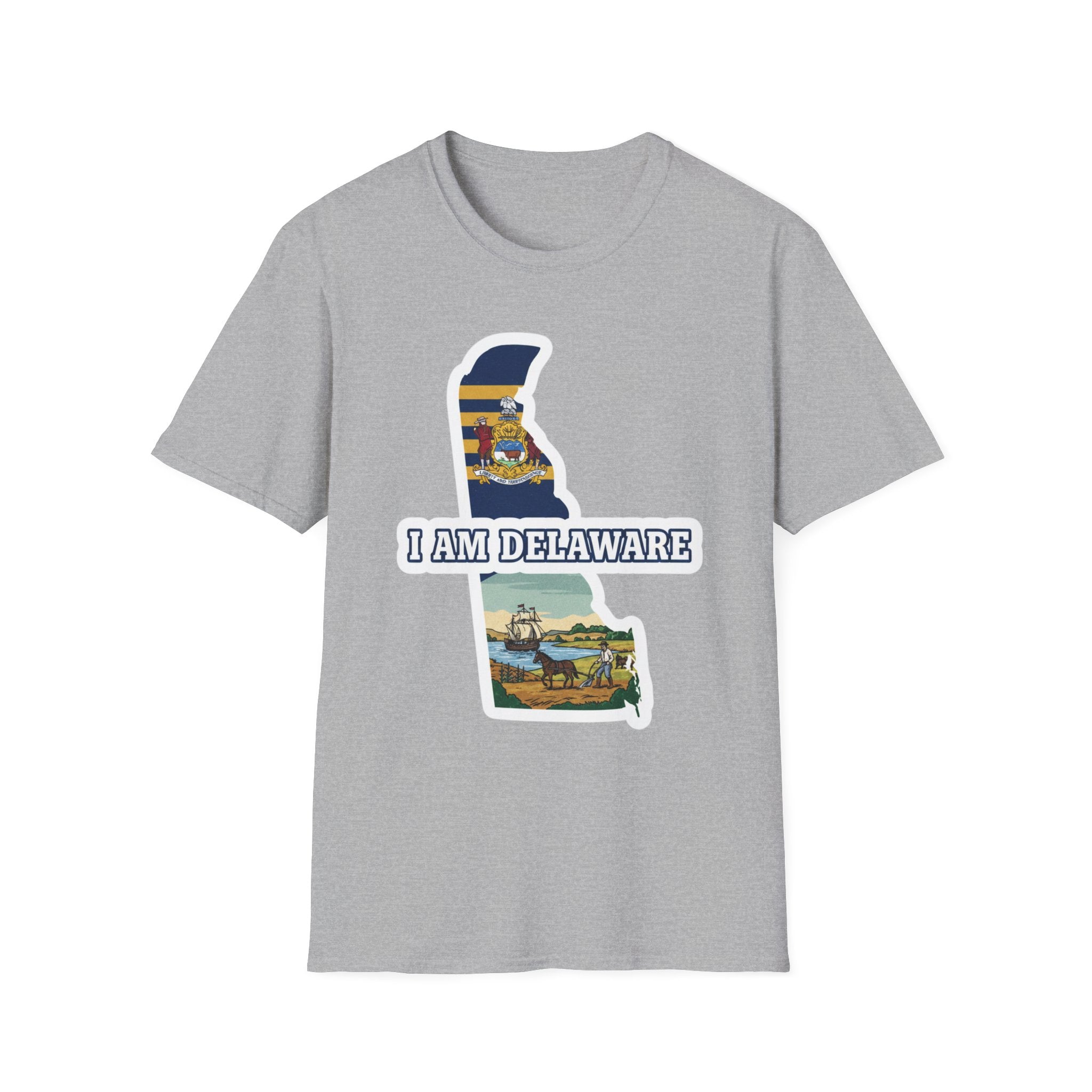 Sport grey T-shirt featuring Delaware state outline and 'I AM DELAWARE' print