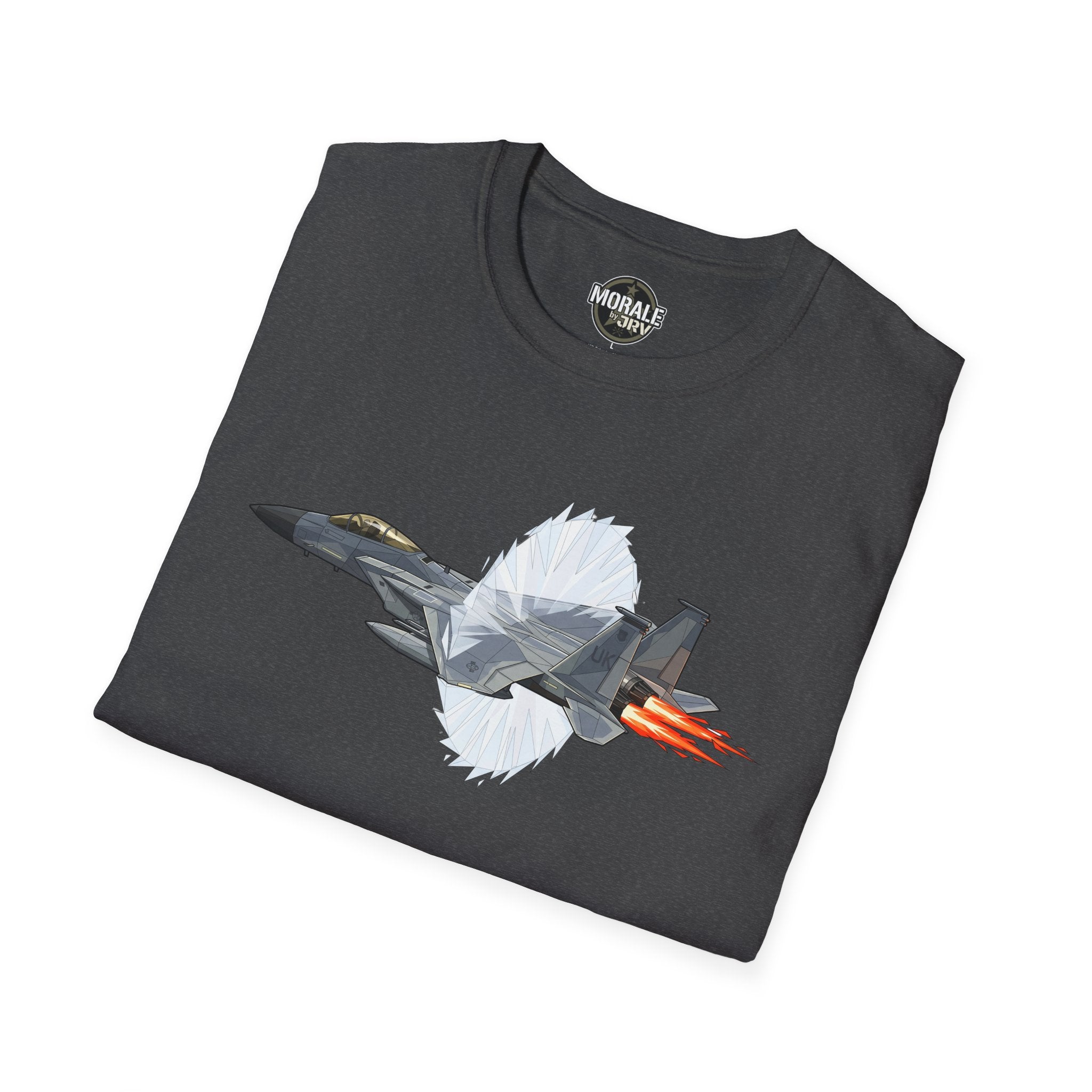 Dark gray T-shirt with fighter jet graphic and orange afterburner flames