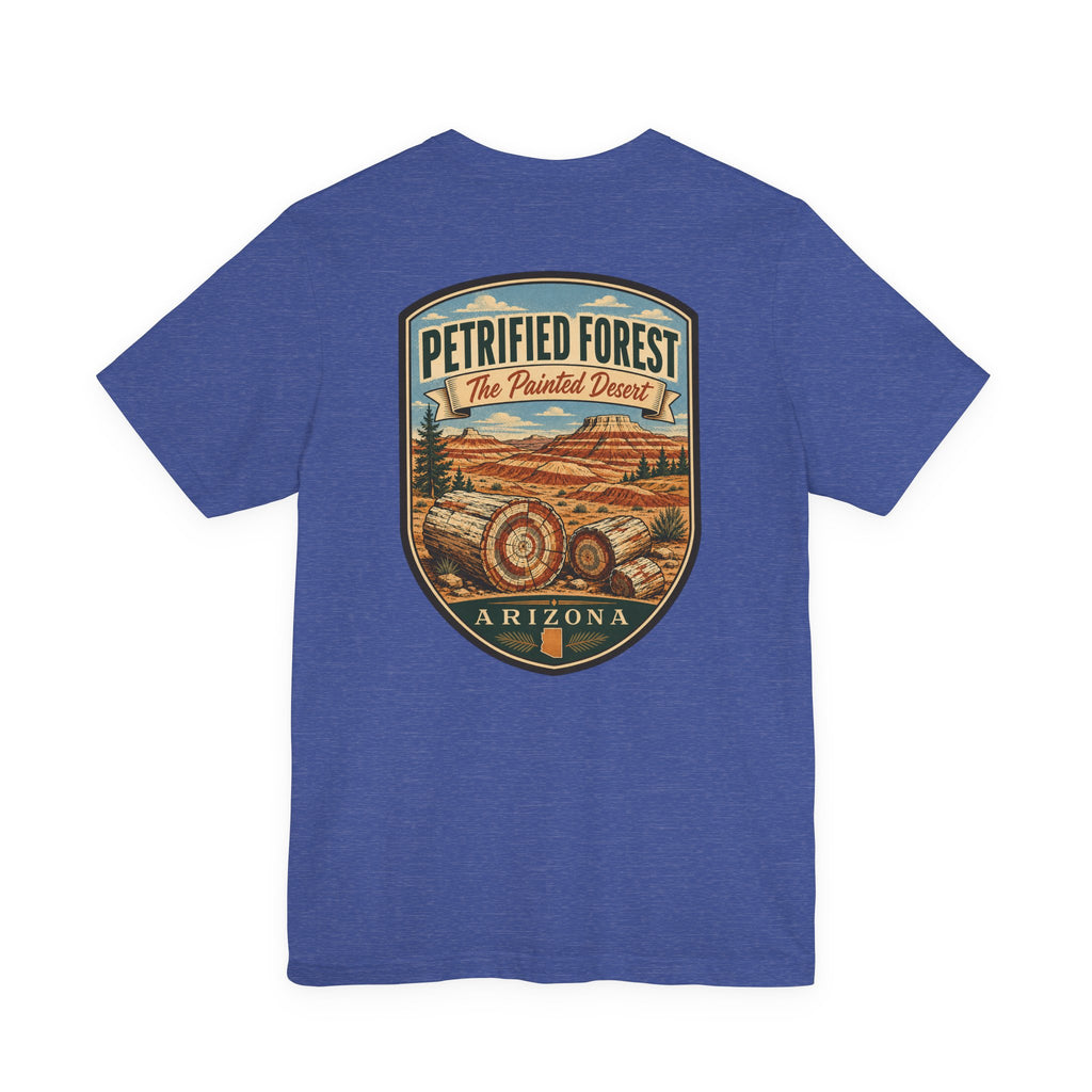 Royal blue crewneck t-shirt with centered Petrified Forest desert landscape graphic