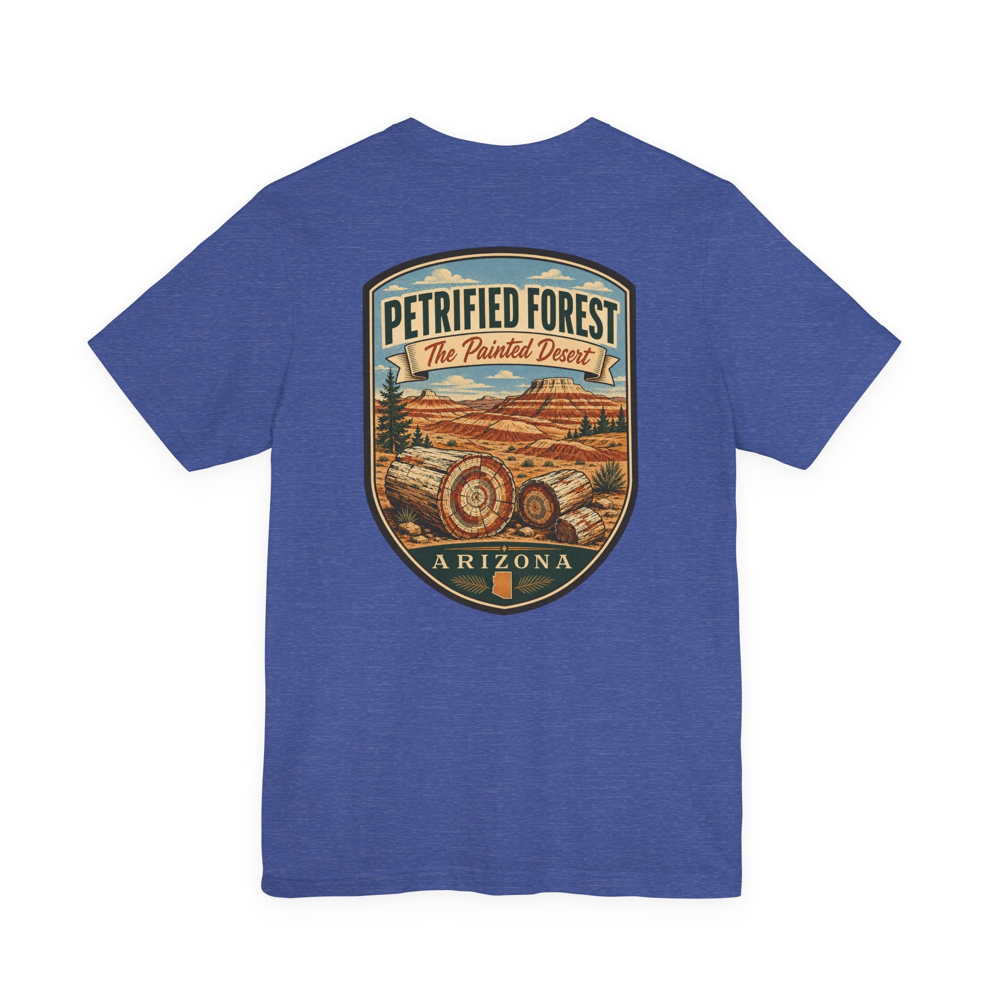 Royal blue crewneck t-shirt with centered Petrified Forest desert landscape graphic