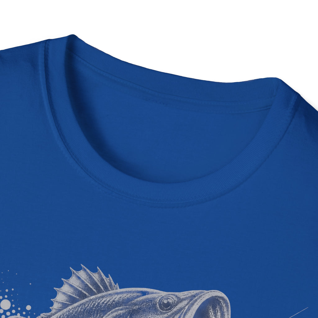 Royal blue crew-neck fishing T-shirt with large gray bass splash graphic