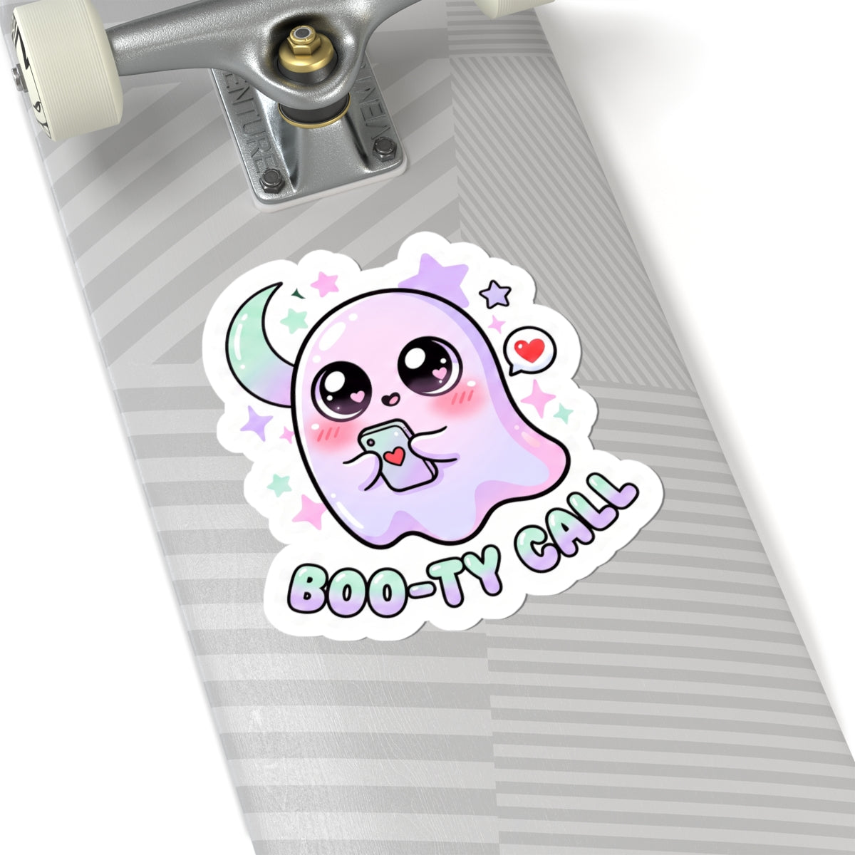Kawaii ghost phone sticker with wink face, heart mark, decorative sparkles, Boo-ty Call