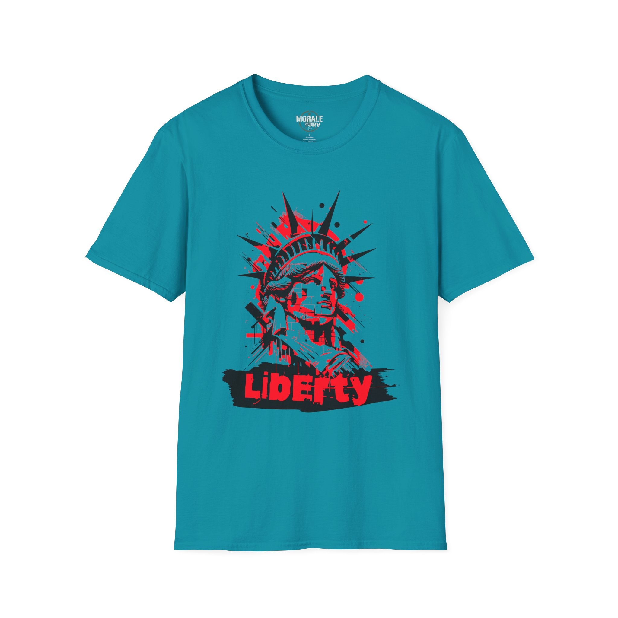 Liberty Statue graphic T-shirt, teal/tropical blue; red-and-black “Liberty” print