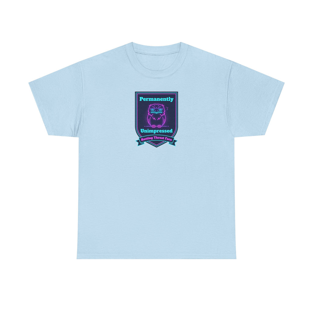 Light blue crewneck T-shirt with small rectangular neon robot badge graphic on chest