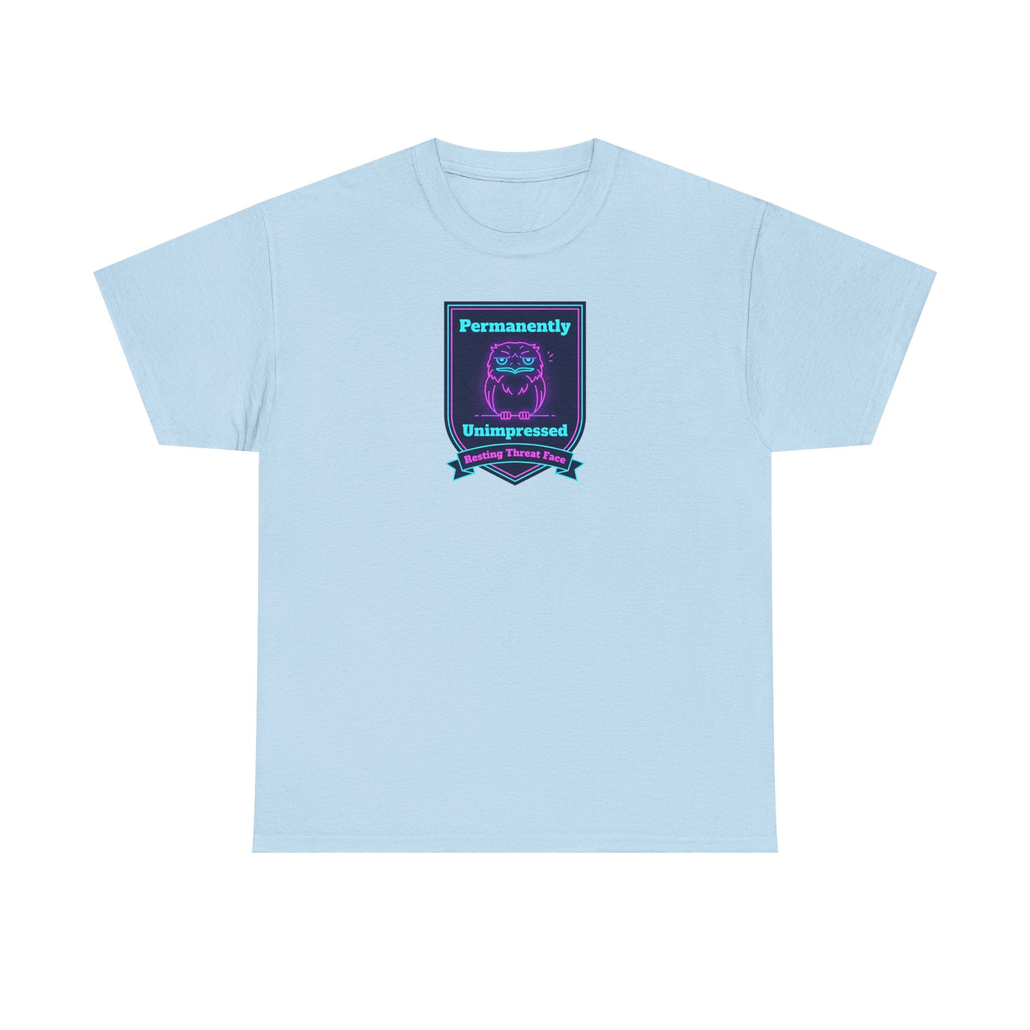 Light blue crewneck T-shirt with small rectangular neon robot badge graphic on chest