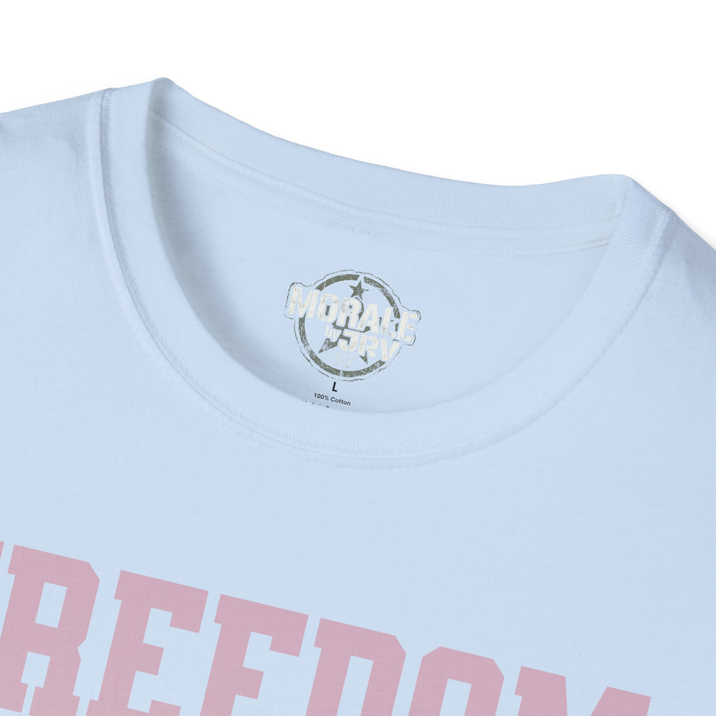 Light blue tee neck logo 'MORAL by JRL' and partial Freedom print