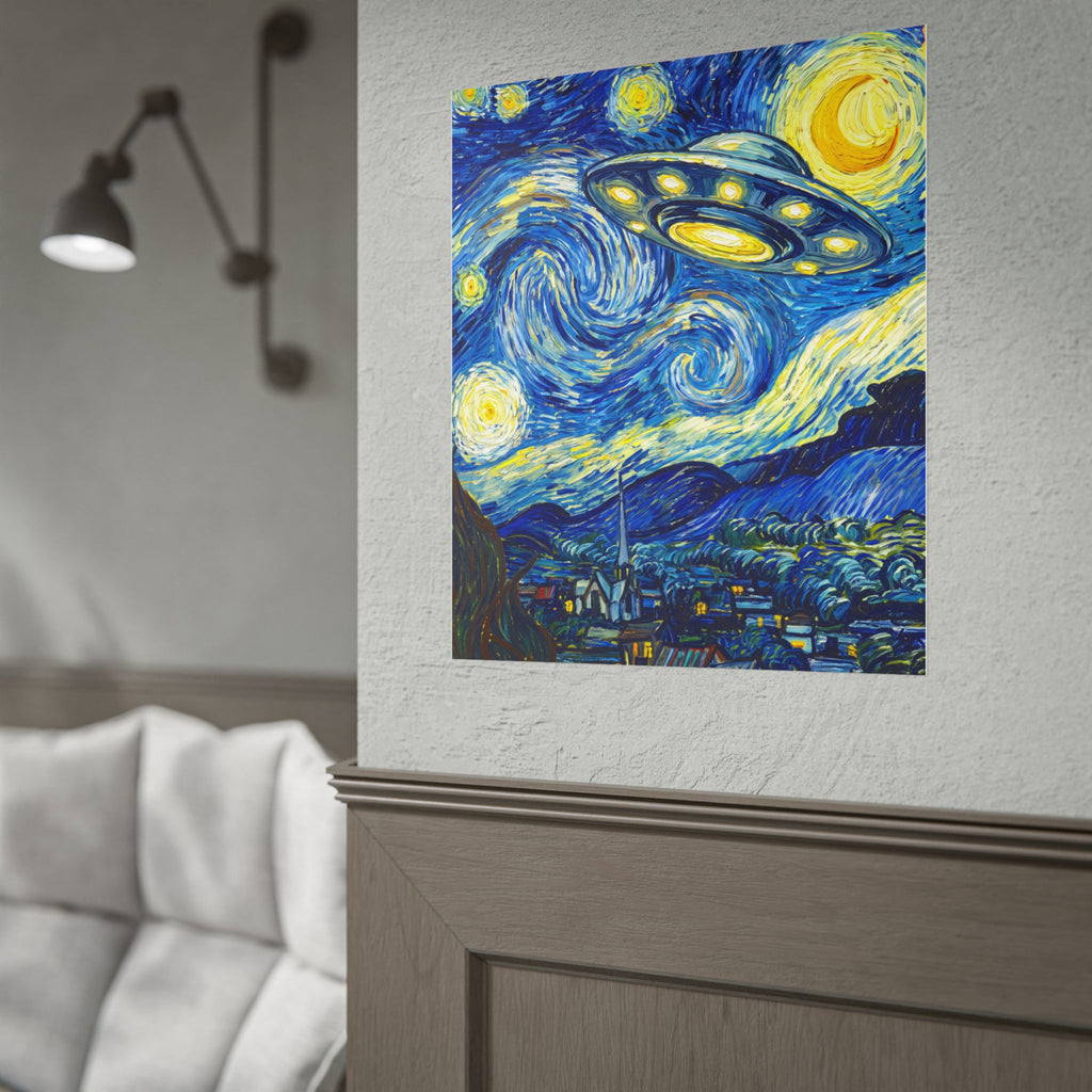 Small square framed print with a glowing UFO, blue spiral clouds, and yellow night stars
