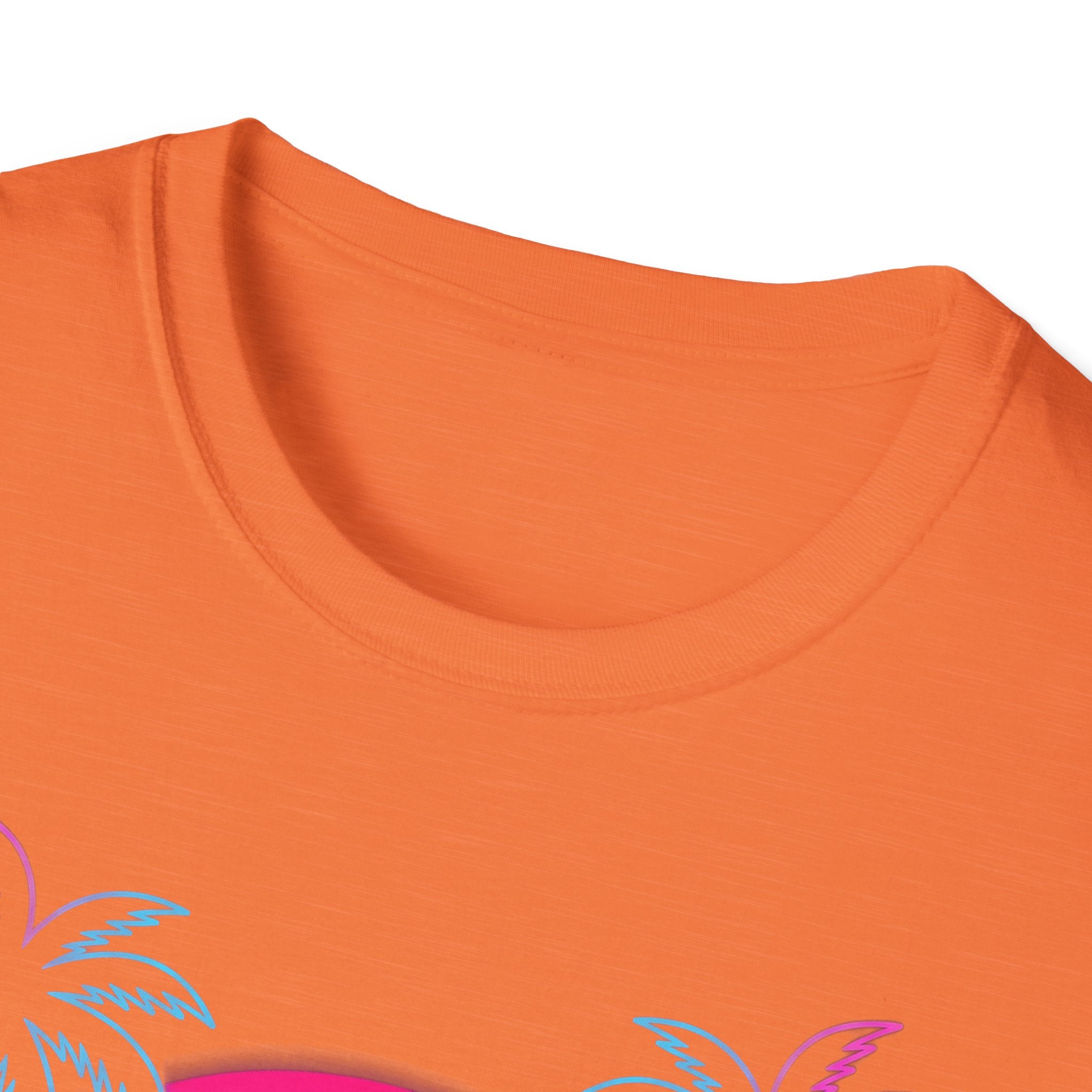 Vaporwave Skull Sunset T-Shirt in Heather Orange, crew neck with palm print edge
