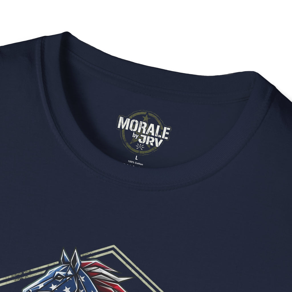 Navy T-shirt neckline with chest logo and top of patriotic horse graphic
