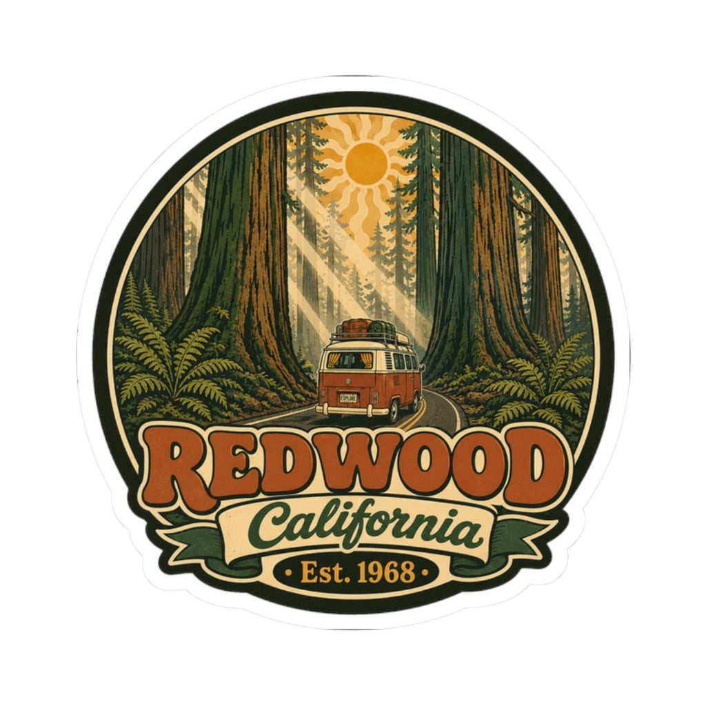 Round outdoor decal showing redwood forest, camper van, “Redwood California,” and “Est. 1968.”