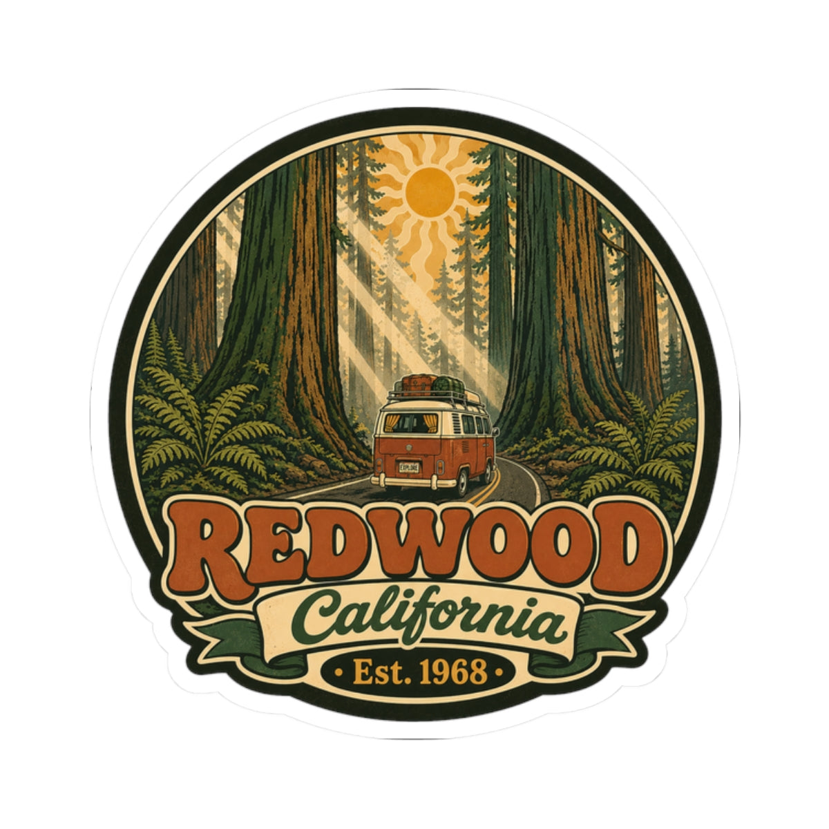 Round outdoor decal showing redwood forest, camper van, “Redwood California,” and “Est. 1968.”