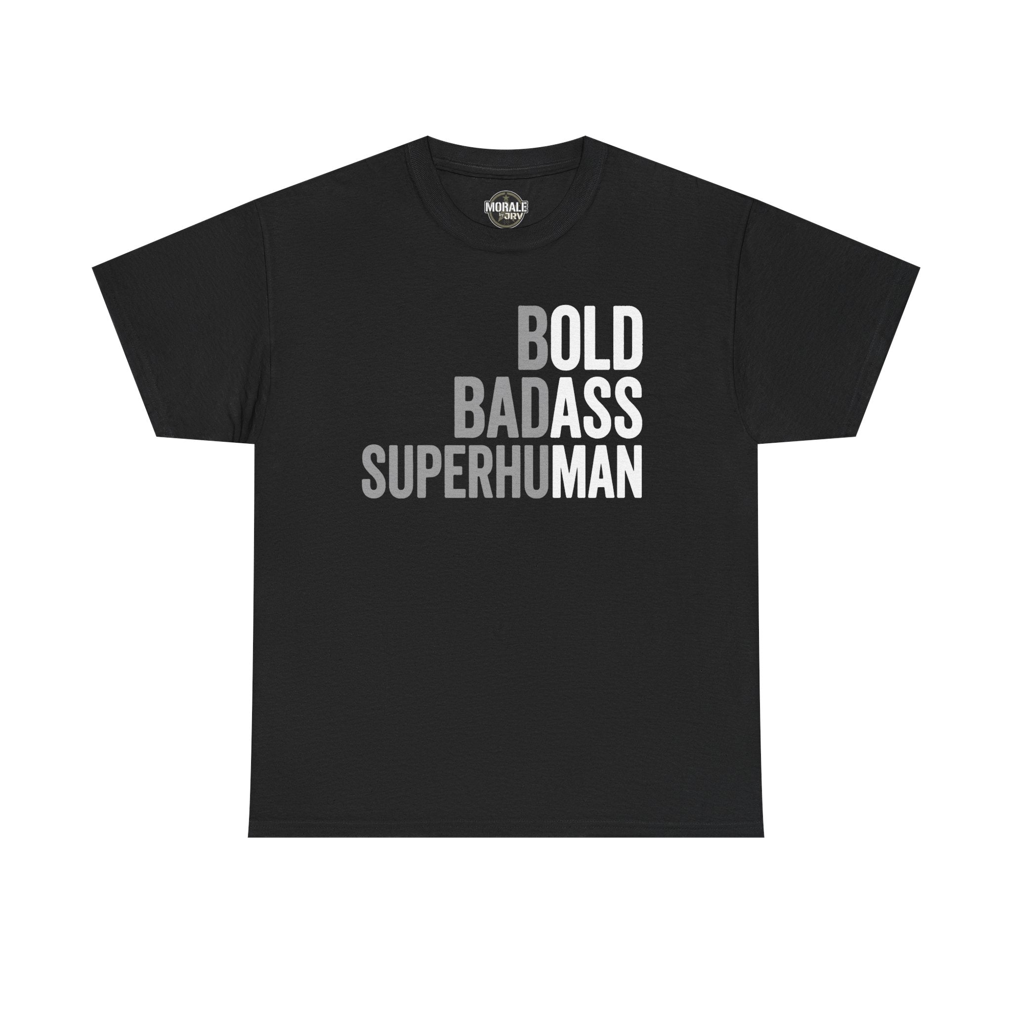 Men's black graphic t-shirt with Bold Badass Superhuman slogan print