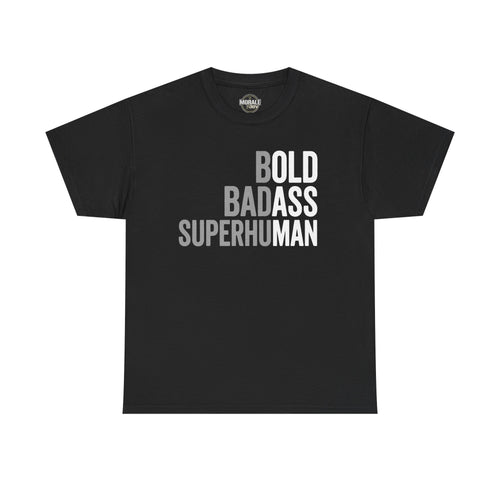 Men's black graphic t-shirt with Bold Badass Superhuman slogan print