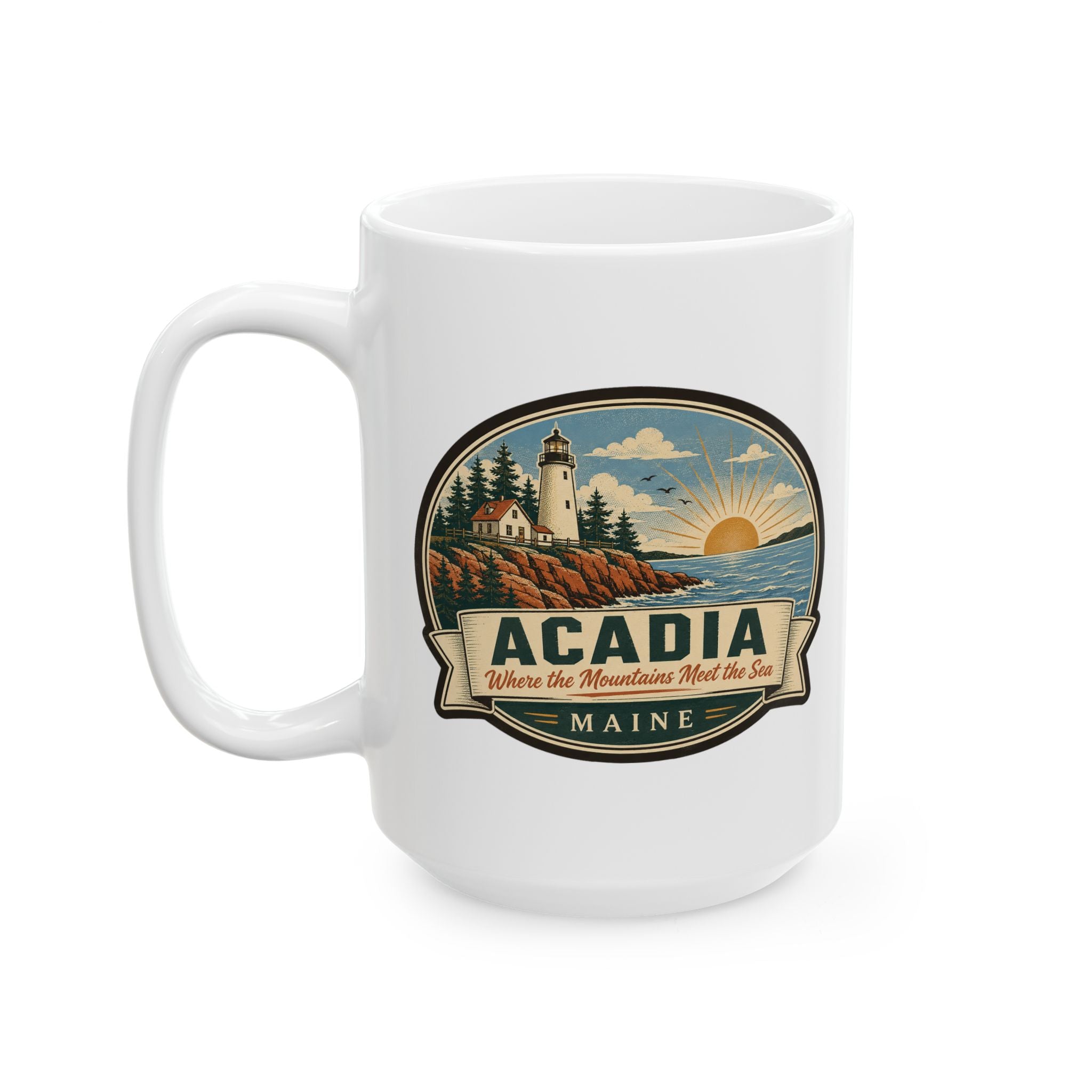 White ceramic coffee mug with front Acadia scenic seal and side handle.