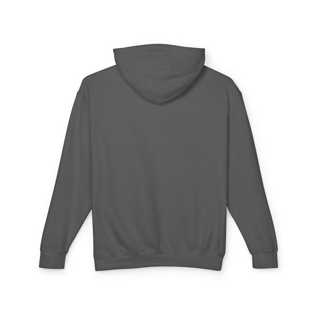 Dark gray hoodie, back view with hood and pouch pocket