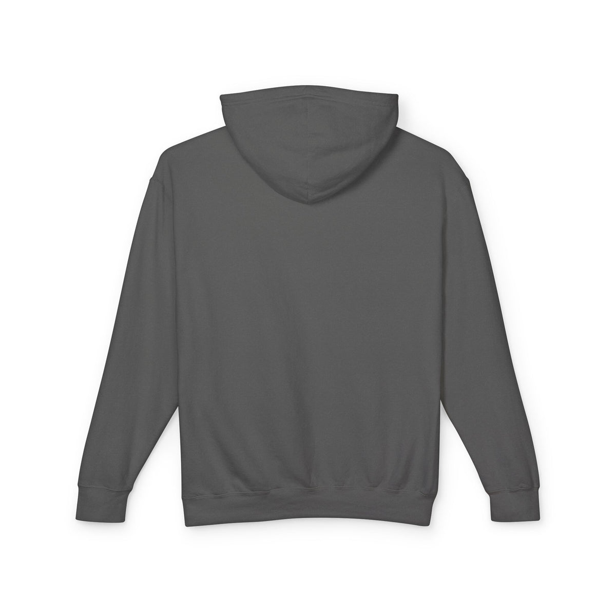 Dark gray hoodie, back view with hood and pouch pocket