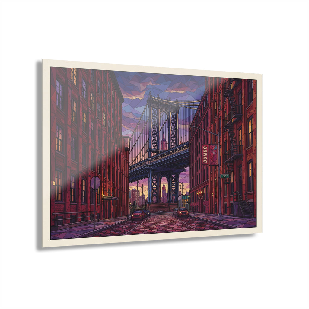 Acrylic wall art print of a city street with the bridge overhead, red and purple tones.