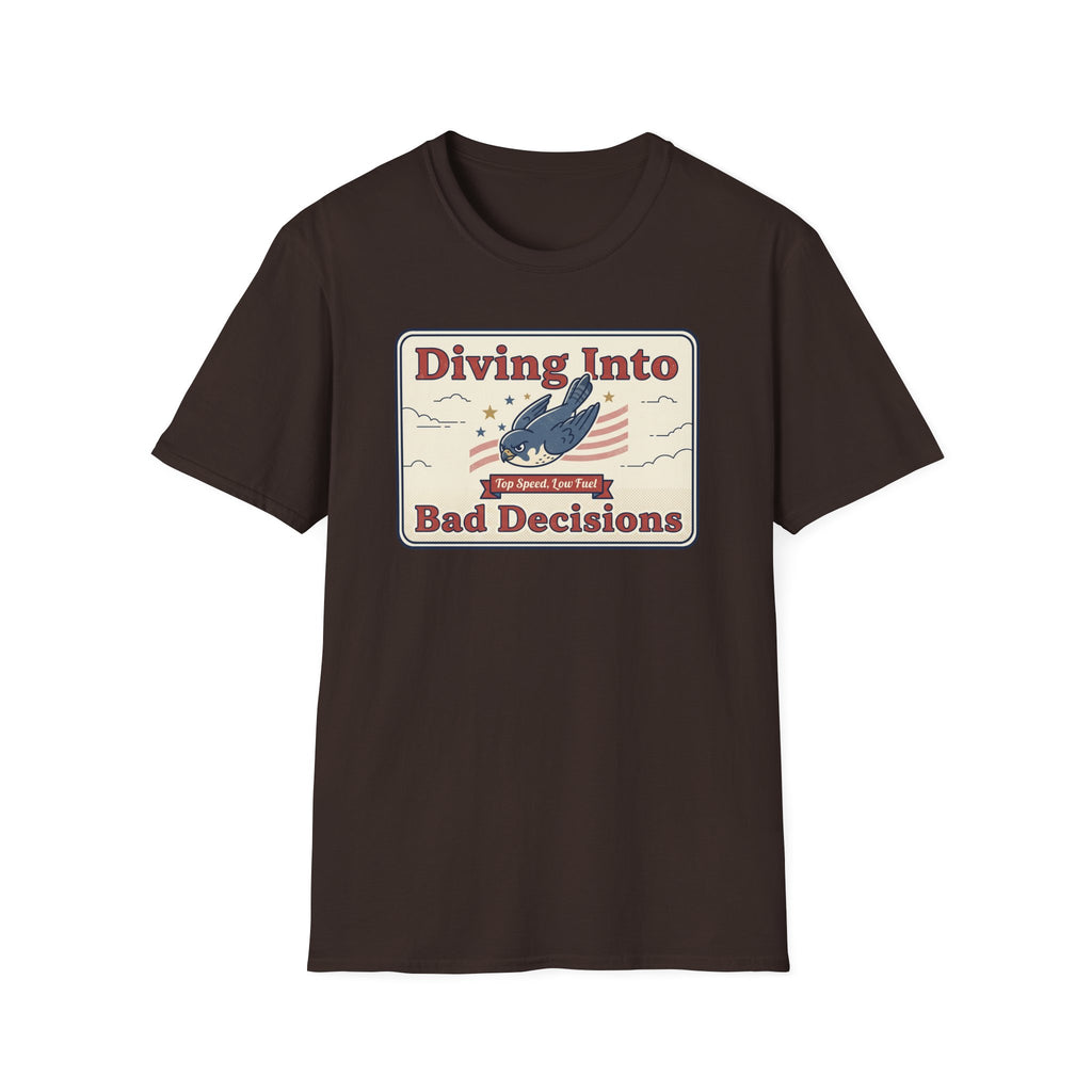 Brown T-shirt with “Diving Into Bad Decisions” retro shark graphic on front
