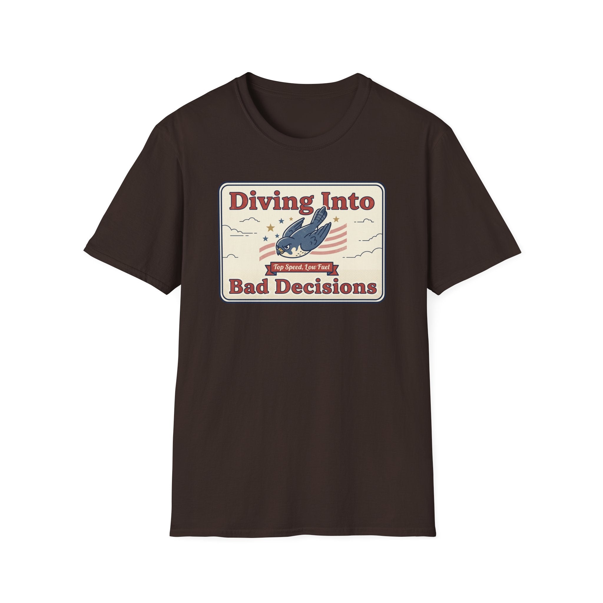 Brown T-shirt with “Diving Into Bad Decisions” retro shark graphic on front