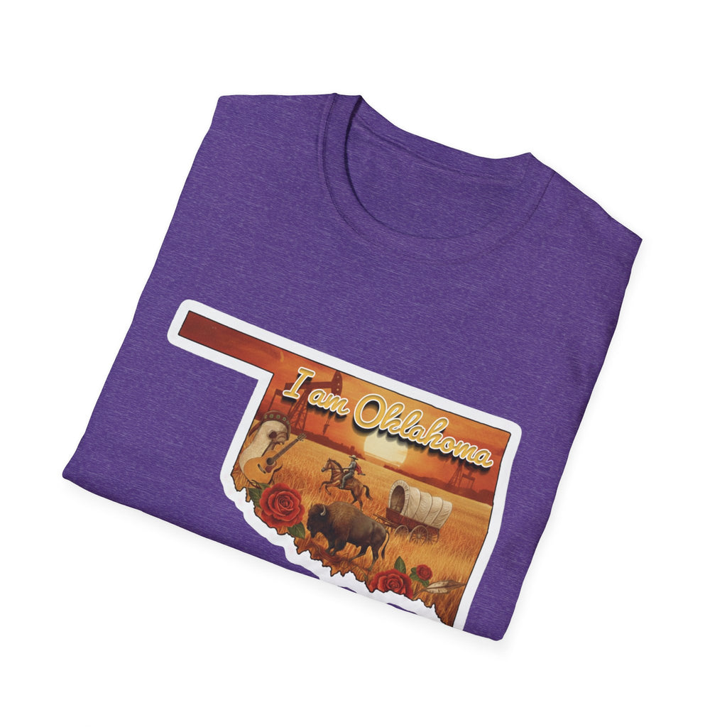 Heather purple T-shirt with "I am Oklahoma" cowboy scene graphic