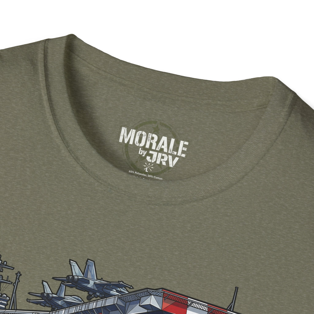 Military green T-shirt with 'MORALE by TR1V' tag and partial ship artwork