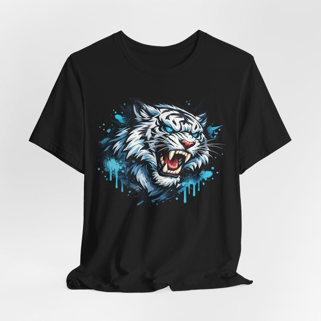 Black unisex t-shirt featuring a roaring tiger face with blue drip-style splatter