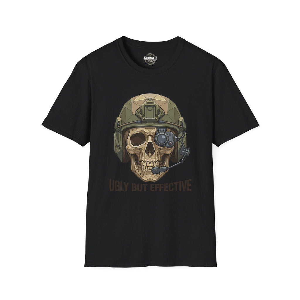 Black crew-neck t-shirt featuring a tactical skull helmet graphic