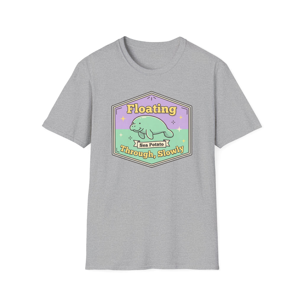 Light gray heather t-shirt with front graphic of floating sea potato manatee and slogan
