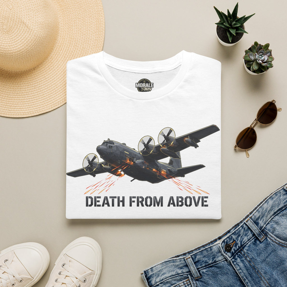 White bomber plane graphic T-shirt with 'DEATH FROM ABOVE' print