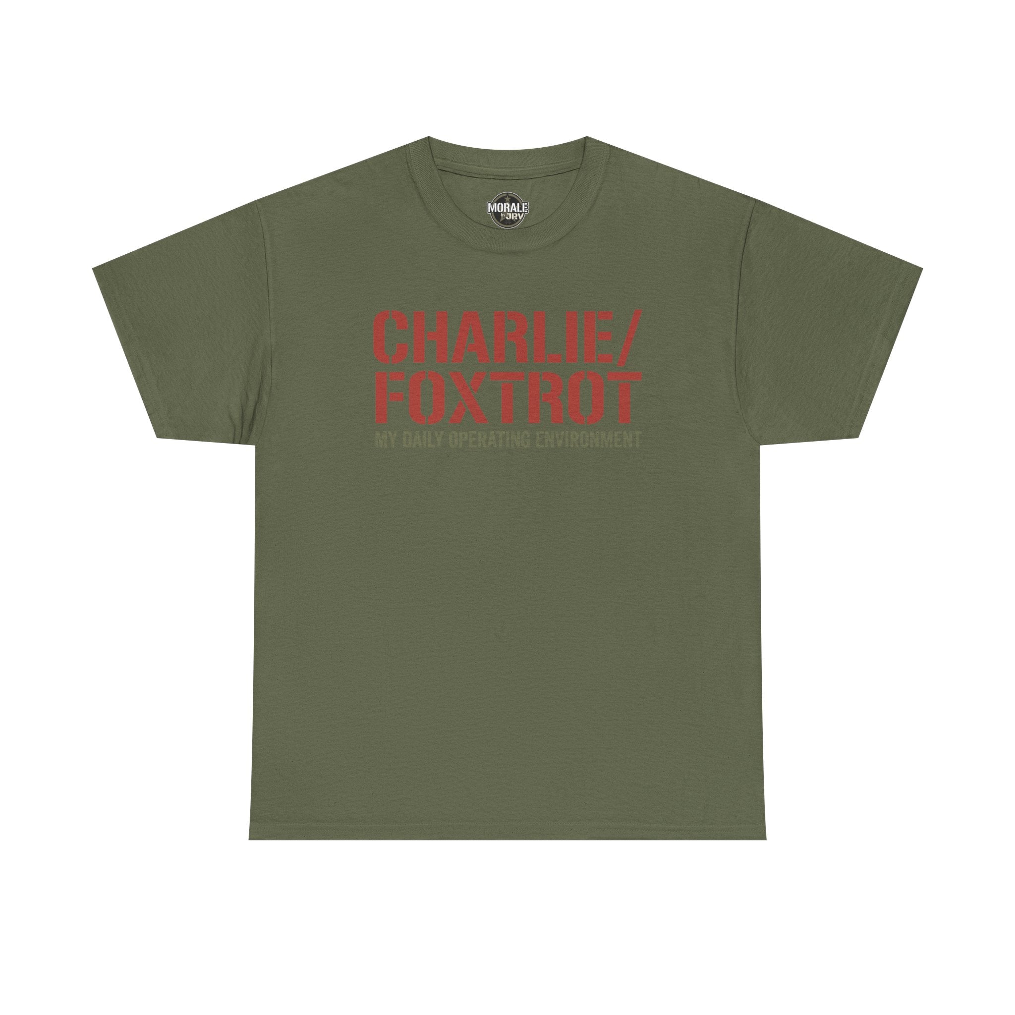 Olive green T-shirt with “CHARLIE/FOXTROT” slogan and “MY DAILY OPERATING ENVIRONMENT” print