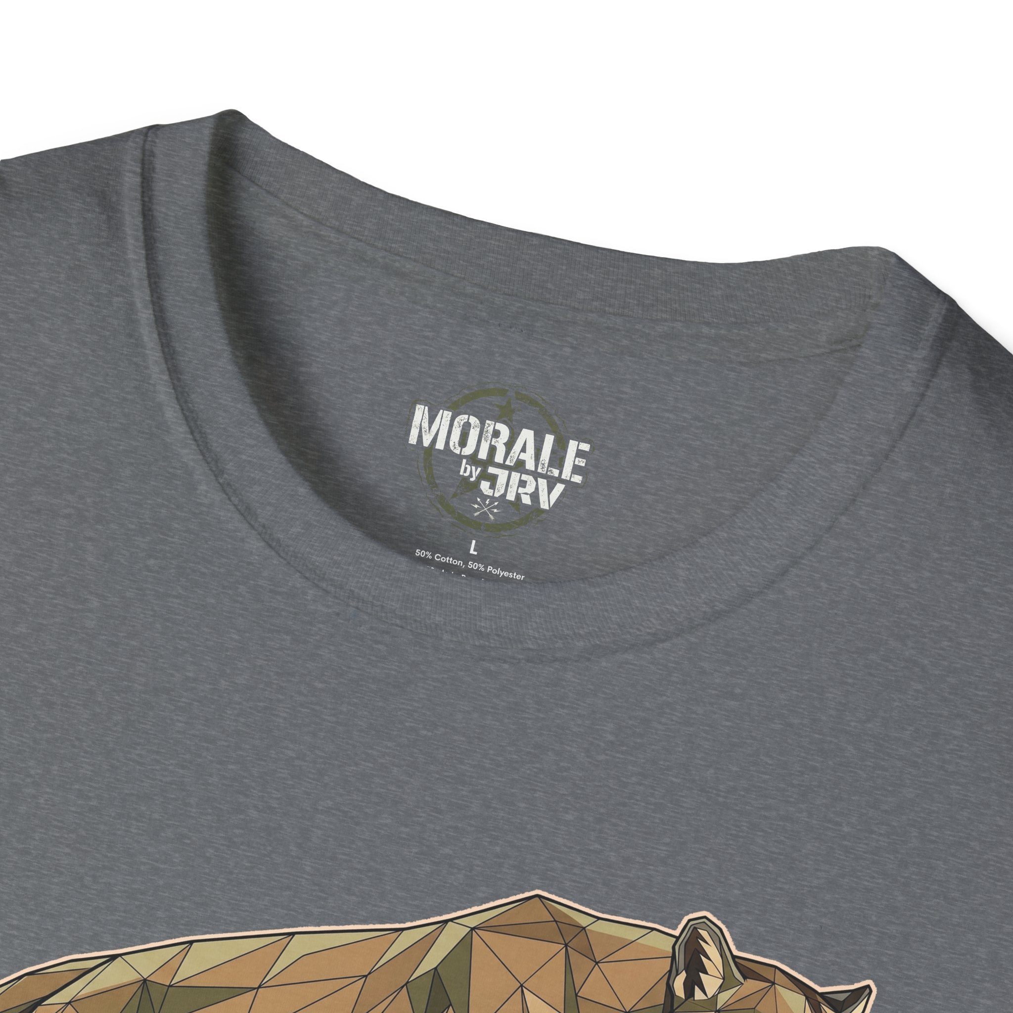 Leaping Cougar graphic tee, dark heather, back neckline logo patch