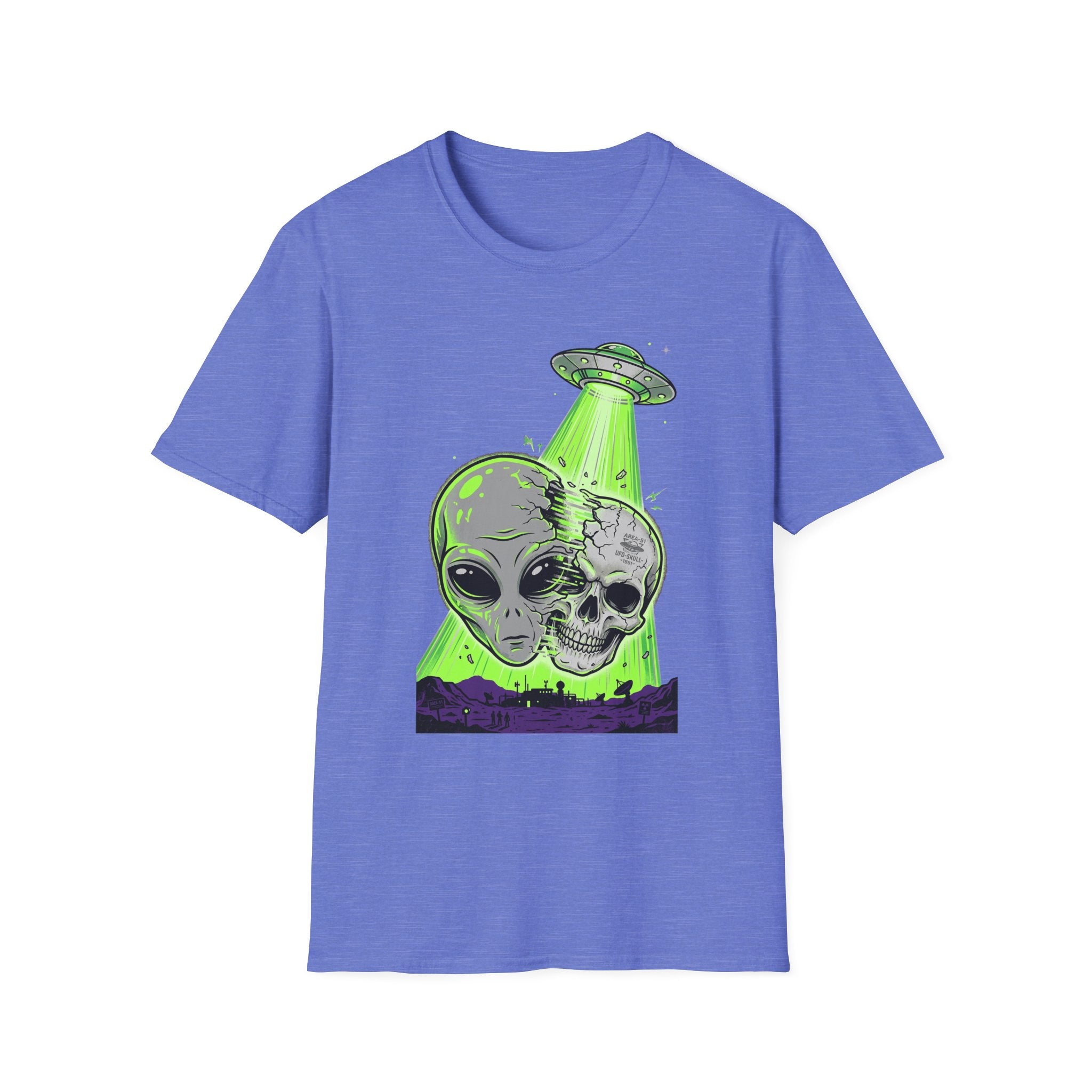 Alien & Skull T-Shirt, UFO tractor beam skull graphic on periwinkle blue tee