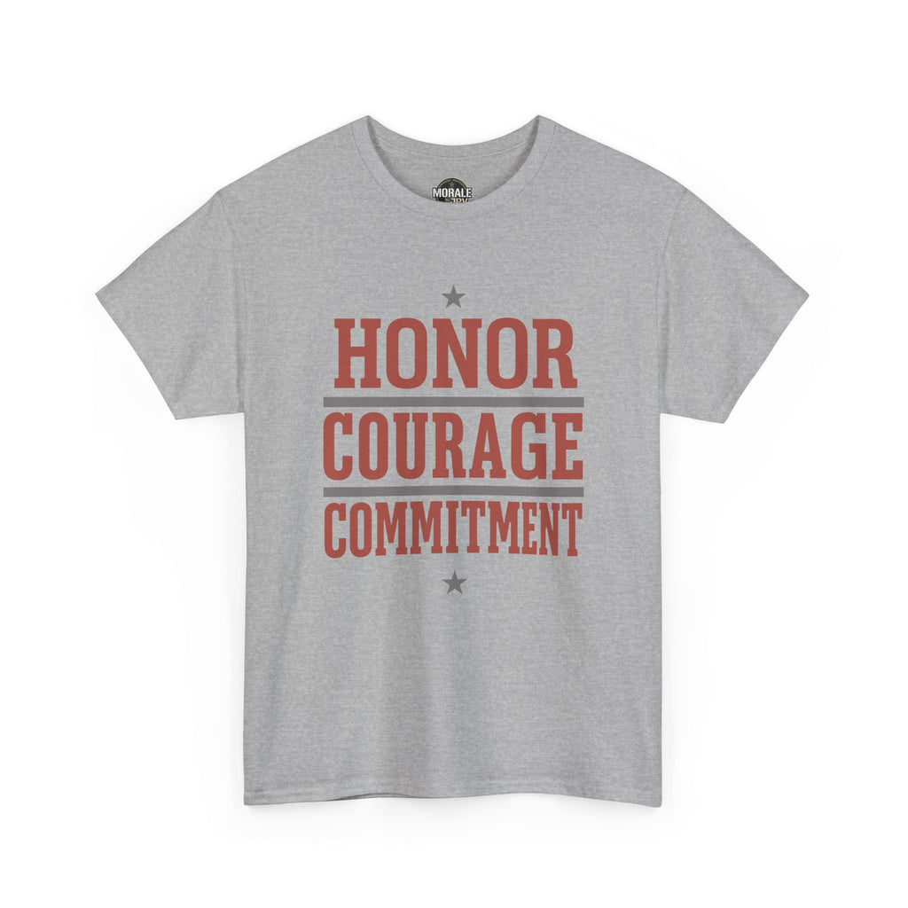 Sport gray unisex T-shirt with red “HONOR COURAGE COMMITMENT” text graphic and stars.