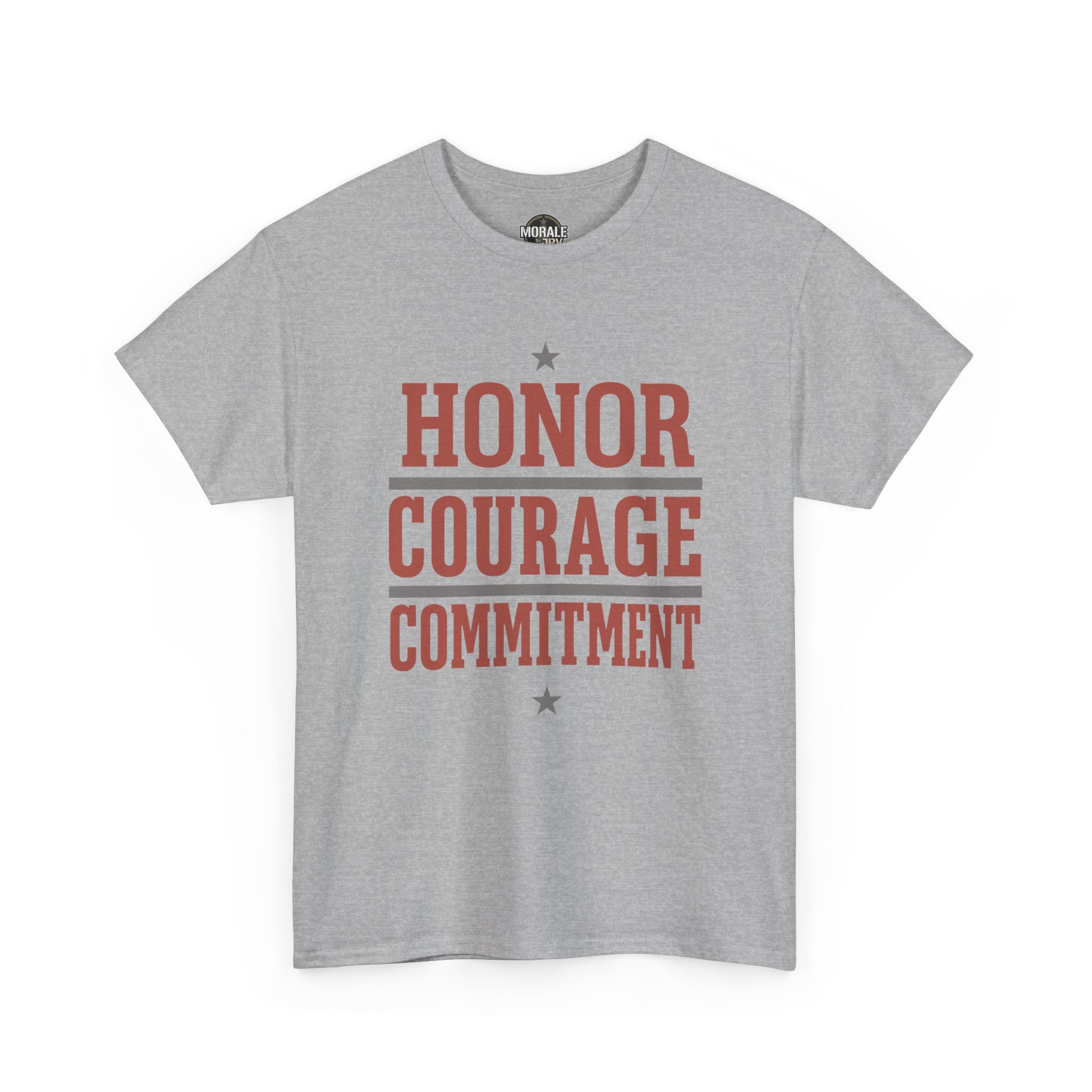 Sport gray unisex T-shirt with red “HONOR COURAGE COMMITMENT” text graphic and stars.