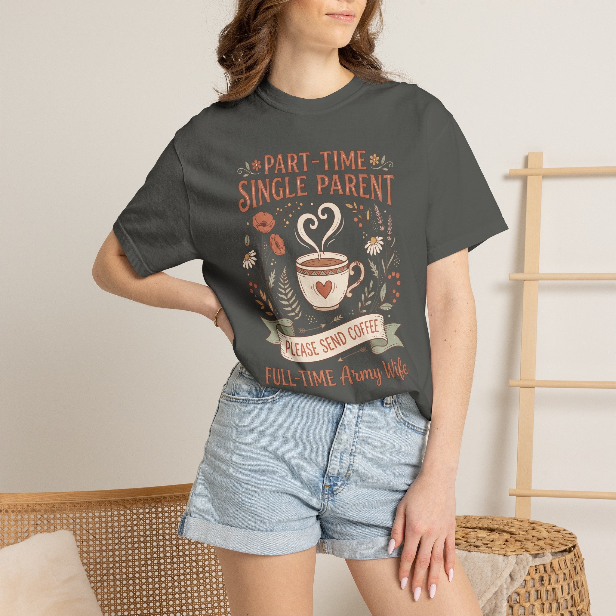Gray T-shirt with “Part-Time Single Parent” coffee graphic worn by model.