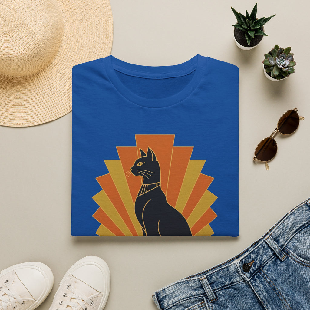 Royal blue T-shirt with black Egyptian cat headdress silhouette, orange sunburst print.