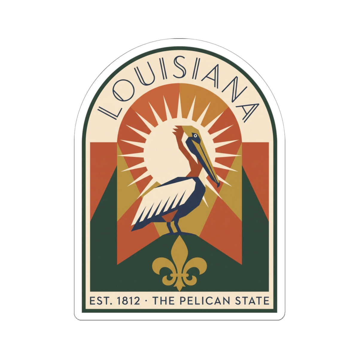 Louisiana pelican state sticker, retro badge with pelican in sunburst rays