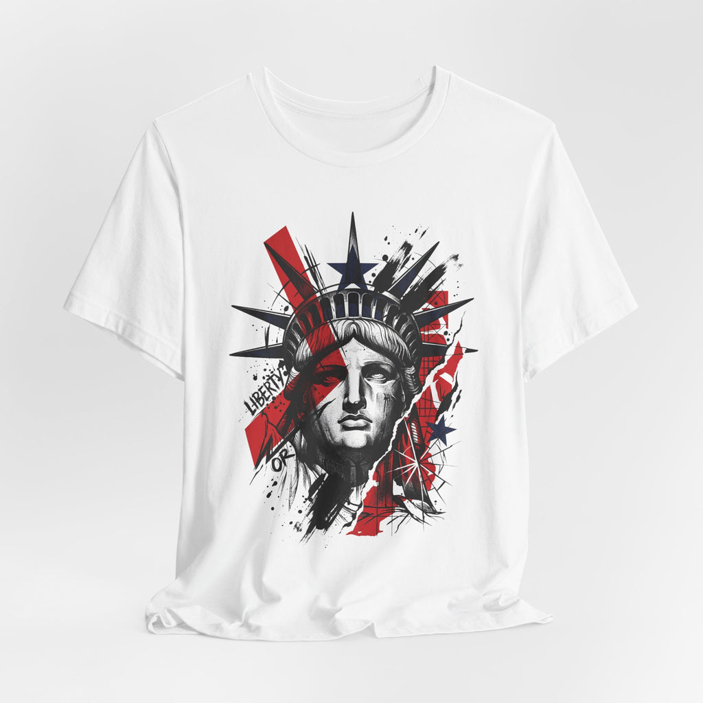 White graphic T-shirt with Statue of Liberty head art in red and black