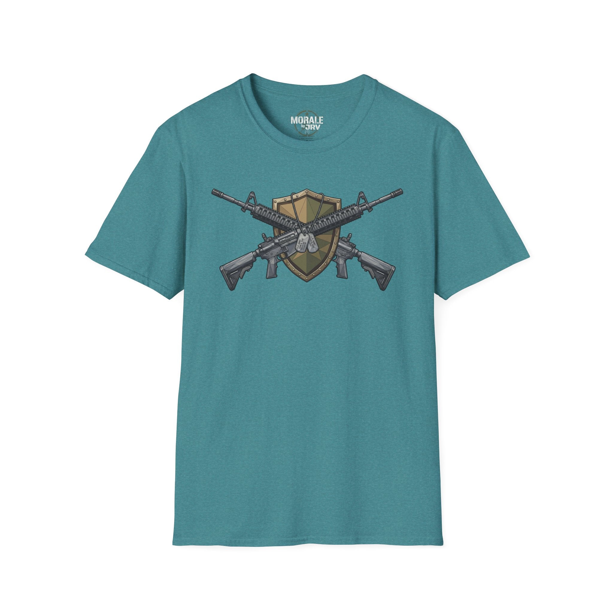 Teal crew-neck T-shirt with crossed rifles shield emblem graphic on the front