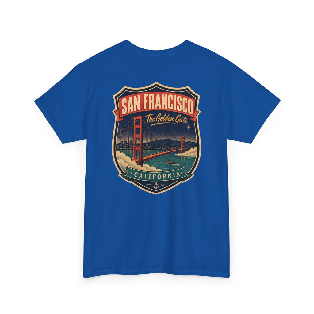 Royal blue T-shirt with San Francisco city luggage tag badge graphic