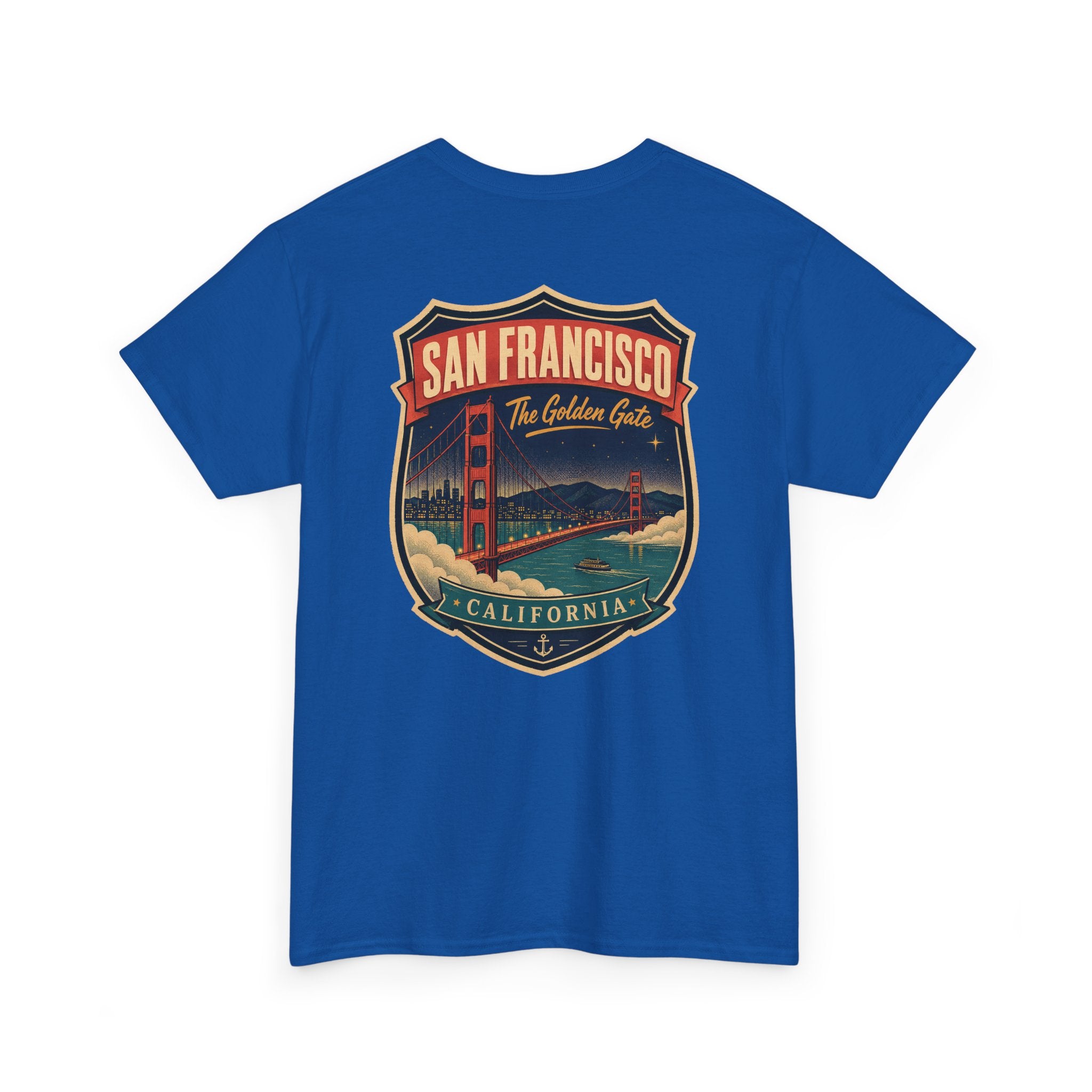 Royal blue T-shirt with San Francisco city luggage tag badge graphic