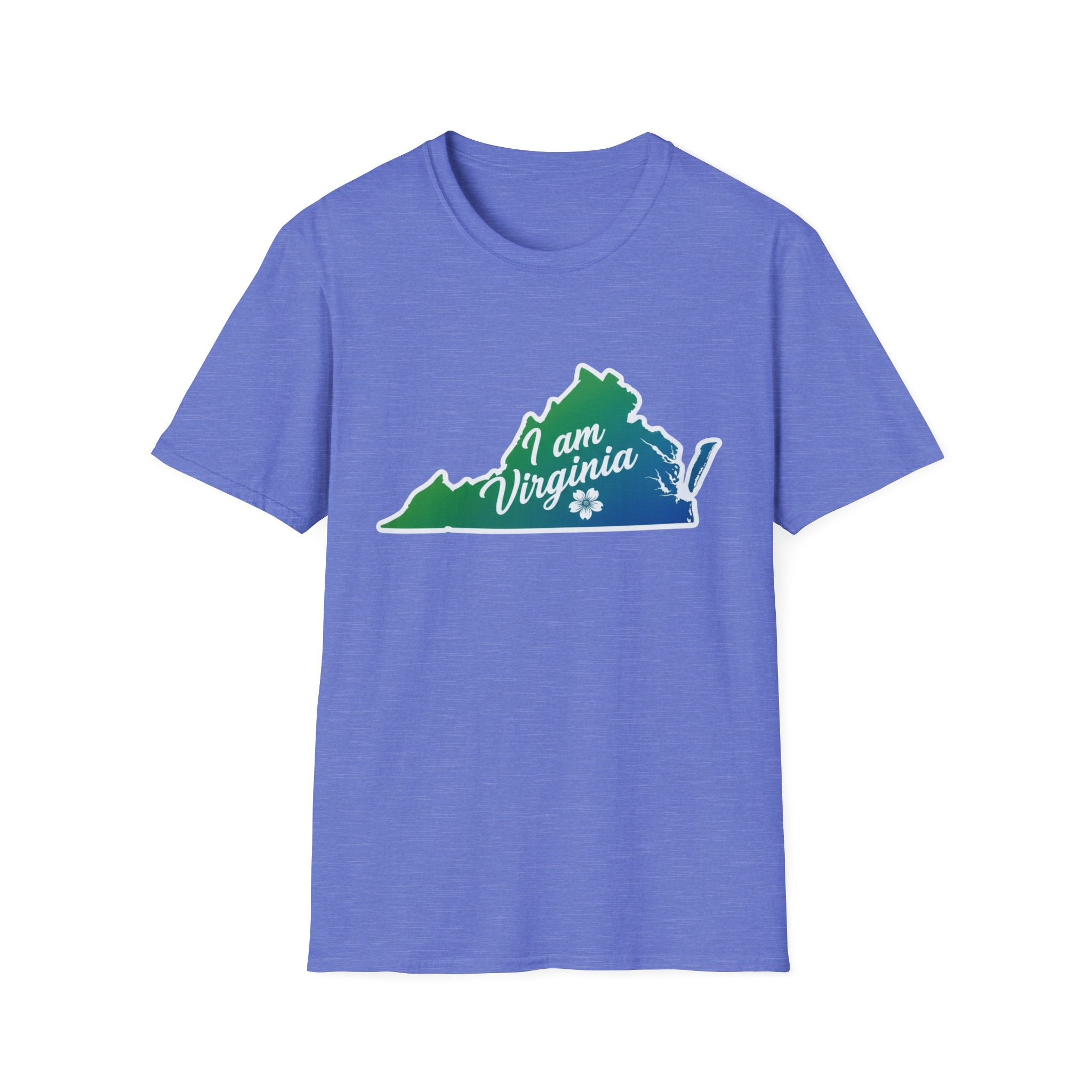 I Am Virginia T-Shirt: heather royal blue tee with colorful Virginia state outline graphic