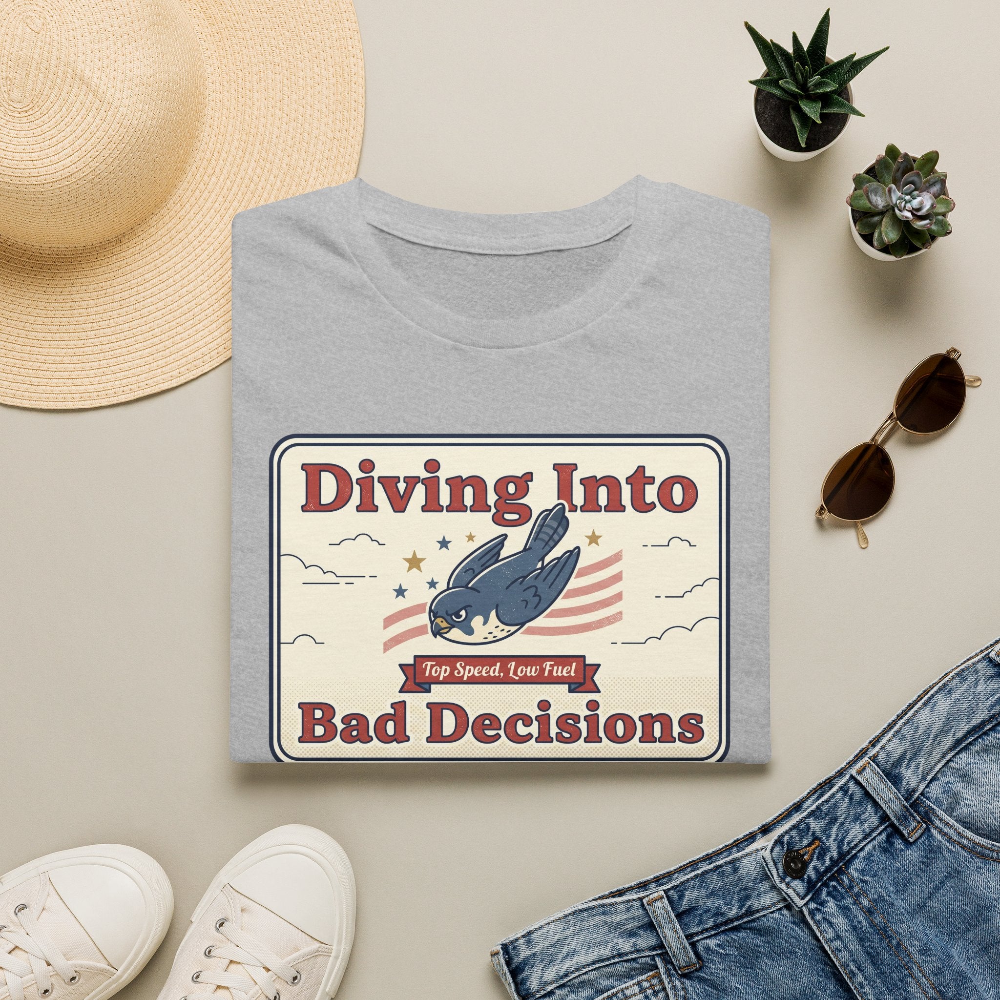 Light gray T-shirt with retro shark graphic and "Diving Into Bad Decisions" text.